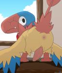  absurd_res animal_genitalia animal_penis anus archen avian bandanna beak bird blush butt clothing erection fangs feather_tuft feathers feral fossil_pok&eacute;mon genital_slit genitals hi_res kerchief male multicolored_body multicolored_feathers nintendo penis pok&eacute;mon pok&eacute;mon_(species) presenting presenting_hindquarters raised_tail red_bandanna red_kerchief slit solo talons tapering_penis tuft video_games wings winick-lim 