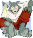  5_fingers 5_toes anthro asizuki barefoot beastars blush bodily_fluids canid canine canis claws clothing feet fingers foot_fetish foot_focus fur hi_res legoshi_(beastars) looking_at_viewer male mammal multicolored_body musk sitting smelling_feet smelly smelly_feet soles solo speech_bubble sportswear sweat sweaty_feet text toe_claws toes wolf 