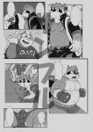  2016 anthro balls barely_visible_balls barely_visible_genitalia belly bottomwear bulge chuuta_(pixiv) clothed clothing comic fight genitals haplorhine humanoid_hands kemono lutrine male mammal monkey monochrome moobs mustelid nipples overweight overweight_male pants primate procyonid raccoon sample shirt shorts topless topwear wrestler 