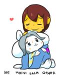  blush canid canine clothed clothing dialogue felid feline hair hug human mammal mt protagonist_(undertale) simple_background tem temmie_(undertale) text topwear undertale video_games white_background white_body 