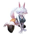  all_fours anthro big_breasts biped blue_eyes blush bottomwear breasts clothing female footwear fur hair hi_res legwear shoes shorts simple_background sneakers solo utterangle white_background white_body white_fur white_hair 