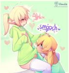  &lt;3 artist_name blonde_hair border bottomless brown_body brown_skin butt clothed clothing clothing_in_mouth cowlick duo elf emanata eyelashes female genitals girly green_background green_eyes hair hand_on_head hand_on_stomach hi_res hoodie hoodie_(artist) humanoid humanoid_pointy_ears kissing legwear long_hair looking_at_another male male/female male_(lore) max_(hoodie) not_furry off_shoulder penis penis_kissing pigtails ponytail simple_background sitting sophie_(hoodie) sound_effects sweater text thigh_highs through_clothing topwear url white_body white_border white_skin 