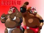 2014 anthro belly brown_body bulge chuuta_(pixiv) clothing duo equid equine horse humanoid_hands kemono male mammal mask moobs nipples overweight overweight_male shiba-kenta underwear wrestler 
