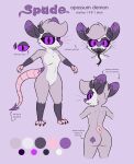  &spades; anthro biped bottomwear butt claws clothing creature_sp demon didelphid english_text eyeshadow fangs female fingerless_(marking) forked_tongue hi_res horn leg_markings makeup mammal markings marsupial model_sheet mottled open_mouth profanity purple_eyes purple_nose purple_sclera short shorts simple_background snaggle_tooth snake_tongue socks_(marking) solo spade_(character) spade_tail standing suit_symbol teeth text tongue tongue_out trans_(lore) trans_woman_(lore) whiskers 