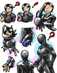  black_clothing black_hair black_shirt black_topwear bound breasts clothing comic doll encasement fan_character featureless_breasts featureless_crotch featureless_face female goo_transformation hair hi_res human humanoid mammal rubber rubber_suit shirt simple_background solo topwear transformation x-monic 