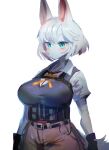  anthro belt big_breasts biped blue_eyes blush breasts clothed clothing eyebrows female fur gloves hair handwear hi_res keyring simple_background solo utterangle white_background white_body white_fur white_hair 