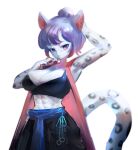  anthro big_breasts biped blush breasts clothed clothing eyebrows felid female fur hair hi_res leopard leopard_spots mammal muscular muscular_anthro muscular_female pantherine pawpads purple_eyes purple_hair simple_background solo spots utterangle white_background white_body white_fur 