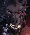  2021 absurd_res angry anthro blood bodily_fluids brain-plague canid canine close-up cybernetics cyborg fangs fur glowing glowing_eyes hi_res looking_at_viewer machine male mammal mecha sharp_teeth signature solo teeth 