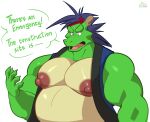  anthro asian_mythology belly blue_hair bobthetanuki clothed clothing dragon east_asian_mythology eastern_dragon english_text green_body hair hi_res male moobs morenatsu mythology nipples open_clothing open_topwear overweight overweight_anthro overweight_male simple_background solo tatsuki_(morenatsu) text topwear video_games visual_novel white_background 