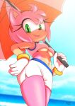  accessory amy_rose anthro blush bottomwear breasts clothed clothing cloud day eulipotyphlan female gloves green_eyes hair_accessory hairband handwear hedgehog hi_res mammal michiyoshi navel open_mouth pink_body pink_skin sega shorts signature solo sonic_the_hedgehog_(series) umbrella under_boob video_games water 