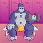  1:1 ape balls_outline belly big_belly bulge clothing detailed_bulge exercise genital_outline gorilla haplorhine hi_res looking_at_viewer male mammal muscular muscular_male overweight overweight_male penis_outline primate solo thong training underwear weightlifting wolfyzeeb workout 