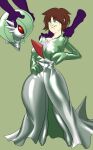  bodily_fluids breasts brown_hair clothing dress exavier fan_character female forced_suiting gardevoir green_eyes group hair hi_res human human_focus humanoid mammal mask nintendo pok&eacute;mon pok&eacute;mon_(species) rubber rubber_suit simple_background sweat video_games worried 