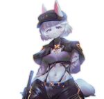  :3 anthro biped blonde_highlights blue_eyes blush clothed clothing eyebrows female fur gun hair hat headgear headwear hi_res highlights_(coloring) ranged_weapon simple_background solo utterangle weapon white_background white_body white_fur white_hair 