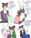  5_fingers anthro anthro_on_anthro beastars blush bodily_fluids bottomwear breast_poking breasts brown_body canid canine canis claws clothed clothing crying dialogue duo english_text female female/female fingers flag frown fur hand_on_breast hand_on_head happy haru_(beastars) head_on_lap hi_res holding_flag holding_object hug juno_(beastars) lagomorph leporid lgbt_couple lgbt_pride mammal mutedlavender on_lap pride_colors rabbit scowl shirt simple_background smile sweater tank_top tears tears_of_joy text topwear touching_breast transgender_pride_colors white_background white_body wolf 