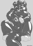  2021 absurd_res anthro bdsm digital_drawing_(artwork) digital_media_(artwork) genitals glistening grey_background greyscale hi_res lock_symbol lutrine male mammal monochrome mustelid nonbinary_(lore) penis rookie_wavecrash rubber simple_background solo tempestus_vulpis 