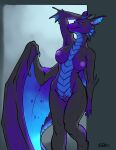  2015 anthro biped blue_body blue_scales breasts digital_media_(artwork) dragon female fin genitals hi_res horn iggi looking_at_viewer membrane_(anatomy) membranous_wings nipples non-mammal_breasts nude pink_eyes pink_nipples pinup pose pussy scales scalie solo standing wandering_nipple wings 