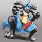  3_fingers 3_toes animal_genitalia animal_penis anthro balls blue_balls bodily_fluids canine_penis crouching darkluxia erection feet fingers genital_fluids genitals knot looking_at_viewer lucario male nintendo penis pink_penis pok&eacute;mon pok&eacute;mon_(species) precum red_eyes solo surprised_expression toes video_games 