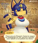  absurd_res animal_crossing ankha_(animal_crossing) anthro big_breasts breasts clothed clothing dialogue domestic_cat egyptian english_text felid feline felis female frown gammainks hand_on_hip hi_res huge_breasts looking_at_viewer mammal nintendo solo text video_games 