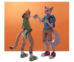  2019 abstract_background ageplay anthro backpack biped blue_body blue_eyes blue_fur bottomless bottomwear brown_body brown_fur canid canine cargo_shorts cheetah clothed clothing diaper digital_drawing_(artwork) digital_media_(artwork) duo felid feline footprint footwear fox foxehhyz fur green_clothing green_eyes green_footwear green_shirt green_shoes green_topwear hand_behind_head hi_res infantilism looking_at_object lucas_(foxehhyz) male mammal markings pacifier pawprint sam_(foxehhyz) shirt shoes shorts simple_background smile sneakers socks spots spotted_body spotted_fur t-shirt topwear white_body white_fur 
