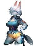  anthro big_breasts biped blue_eyes blush bottomwear breasts clothing female futuristic hair hi_res one_eye_obstructed shorts simple_background solo utterangle weapon white_hair 