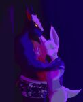  anthro bone bottomless canid canid_demon claws clothed clothing decibel_(himeros) demon dragon dramatic_lighting duo embracing_another eyes_closed glowing glowing_eyes hellhound hi_res himerosthegod hug male male/male mammal night purple_light simple_background size_difference topless_male valigar_(himeros) 