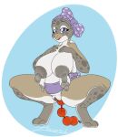  anal_beads anthro belly big_breasts big_clitoris big_nipples breasts cabbyyuki clitoris female genitals hi_res mature_female multi_nipple nipples purple_eyes reptile scalie sex_toy solo spots squatting_position turtle zooshi 
