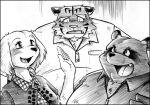  anthro blush canid canine canis domestic_dog felid female group husband_and_wife k_hashiba male mammal married_couple monochrome mother pantherine parent raccoon_dog smile story story_at_source story_in_description tanuki tiger 