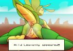  anthro anus arthropod bodily_fluids english_text female genitals hi_res insect leavanny looking_at_viewer looking_back lying mantis mikiluque nintendo on_front pok&eacute;mon pok&eacute;mon_(species) pussy solo spread_legs spreading sweat text video_games 