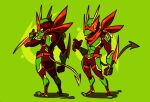  2019 anthro armor arthropod belt blades clothing demon digital_drawing_(artwork) digital_media_(artwork) eyewear glasses green_background green_body headgear headwear hi_res horn humanoid insect ionicisaac male mantis manto_rider red_eyewear red_glasses scarf simple_background solo spade_tail widescreen 