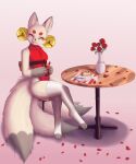  5:6 absurd_res anthro bell beverage bodysuit cake canid canine clothing dessert female flower food fox hi_res legwear mammal miki_(jealousjelly) multi_tail plant simple_background skinsuit smile solo th thigh_highs tight_clothing 