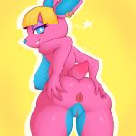  1:1 absurd_res animal_crossing anthro anus bent_over butt butt_squish cervid female fuchsia_(animal_crossing) gammainks genitals hand_on_butt hi_res looking_at_viewer looking_back mammal nintendo nude pussy simple_background solo squish video_games 