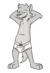  anthro barefoot briefs canid canine clothed clothing feet fur grey_body grey_fur half-closed_eyes hands_behind_head heyitscousindave male mammal narrowed_eyes navel open_mouth simple_background smile solo teeth_showing tighty_whities tongue_showing topless underwear underwear_only white_background white_briefs white_clothing white_underwear 
