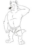  ace_hart anthro barefoot black_and_white black_nose briefs bulge canid canine canis clothed clothing domestic_dog feet hand_behind_head heyitscousindave looking_away looking_down male mammal monochrome simple_background smile solo topless underwear underwear_only white_background 