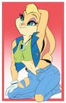  anthro aside_glance bent_knees blue_clothing blue_eyes blue_sclera blue_topwear blue_vest bottomwear breasts buckteeth clothed clothing collarbone denim denim_clothing eyebrows eyelashes female fur gloves handwear hat headgear headwear hi_res jeans jewelry lagomorph leporid lola_bunny looney_tunes mammal midriff_baring_shirt navel necklace nipple_outline on_ground open_clothing open_topwear open_vest pants pants_undone pawpads pink_pawpads pose rabbit red_background saransaran shirt simple_background small_breasts smile solo tank_top teeth topwear torn_bottomwear torn_clothing torn_pants vest warner_brothers white_clothing white_gloves white_handwear yellow_body yellow_fur 