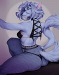  2021 absurd_res anthro black_nose bra breasts butt_pose canid canine clothed clothing digital_media_(artwork) eyebrows eyelashes female fur hair hi_res looking_at_viewer maku_(maku450) mammal pose purple_body purple_fur purple_hair smile solo underwear vexstacy 