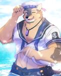  anthro canid canine canis clothed clothing clothing_lift domestic_dog hi_res jewelry lifewonders live-a-hero male mammal muscular muscular_anthro muscular_male navel necklace one_eye_closed pubraseer sailor sailor_hat sailor_uniform shirt shirt_lift sirius_hoshi_s solo topwear video_games water wet wink 