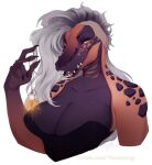  2021 5_fingers absurd_res anthro breasts clothed clothing crocodilian digital_media_(artwork) eyebrows eyelashes female fingers grey_hair hair hi_res non-mammal_breasts open_mouth reptile scalie smile teeth tongue vexstacy yellow_eyes 