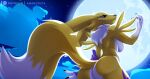  amanddica anthro armwear bandai_namco blue_eyes breasts bridal_gauntlets butt clothing detailed_background digimon digimon_(species) female fur hi_res looking_at_viewer looking_back moon night nude outside rear_view renamon side_boob solo standing white_body white_fur yellow_body yellow_fur 