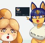  animal_crossing ankha_(animal_crossing) anthro big_breasts blush bottomless breasts canid canine canis clothed clothing domestic_cat domestic_dog duo emoji english_text felid feline felis female gammainks gesture hi_res isabelle_(animal_crossing) looking_at_viewer mammal meme nintendo open_mouth pogchamp pointing spanish_text text text_on_clothing thigh_gap twitter two_soyjaks_pointing video_games wide_hips wojack 