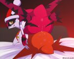  2019 absurd_res anus bed blush bodily_fluids christmas christmas_clothing christmas_headwear clothing digital_media_(artwork) drooling duo female female/female feral feral_on_feral from_front_position furniture genital_fluids hat headgear headwear hi_res holidays inside latias legendary_pok&eacute;mon looking_at_viewer looking_back looking_back_at_viewer lying missionary_position nintendo on_back open_mouth peach_pussy pok&eacute;mon pok&eacute;mon_(species) pussy_juice pussy_juice_string saliva santa_hat sex tongue video_games winick-lim yellow_eyes 