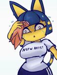  :o animal_crossing ankha_(animal_crossing) anthro big_breasts blush bodily_fluids breasts clothed clothing domestic_cat english_text felid feline felis female gammainks hi_res huge_breasts mammal meme nintendo open_mouth simple_background solo surprised_expression sweat text text_on_clothing video_games white_background wiping_forehead 