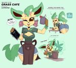  :3 accessory anthro anthrofied apron arm_support beverage big_breasts bodily_fluids bottomwear bracelet breasts brown_eyes brown_nose brown_sclera butt choker cleavage clothed clothing cup curvy_figure dipstick_ears dipstick_tail eeveelution english_text eyelashes female food fruit furniture green_background green_ears growth hair_accessory hairband half-closed_eyes happy hi_res hotpants jewelry kilinah leaf_tail leafeon leaning leaning_forward looking_at_viewer looking_back magic multicolored_ears multicolored_tail narrowed_eyes necklace nintendo one_eye_closed open_mouth open_smile plant pok&eacute;mon pok&eacute;mon_(species) pok&eacute;morph shirt shorts simple_background smile solo speech_bubble sweat table tea text topwear video_games wide_hips wink 