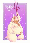  anthro asgore_dreemurr belly blonde_hair body_hair bovid bulge caprine clothing fur goat hair happy_trail hi_res male mammal melee_weapon moobs navel nipples overweight polearm sitting solo thong trident undertale underwear vetoknox video_games weapon white_body white_fur 