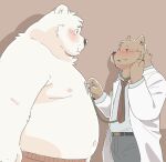  arousal belt black_nose blood blush bodily_fluids bottomwear brown_background brown_body brown_fur canid canine clothing coat duo fur garouzuki gray_slacks grey_bottomwear grey_clothing grey_pants lab_coat male mammal medical_instrument navel necktie nipples nosebleed obese obese_male open_mouth overweight overweight_male pants red_bottomwear red_clothing red_necktie red_shorts scientific_instrument shadow shirtless shorts simple_background smile stethoscope teeth_showing topwear ursid white_clothing white_coat white_topwear 