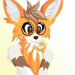  1:1 anthro big_ears brown_body brown_eyes brown_fur brown_hair canid canine canis cheek_tuft chest_tuft eyewear facial_tuft female fur glasses glistening glistening_eyes hair hi_res inner_ear_fluff jackal mammal neck_tuft nila_(thehonestrival) orange_body orange_ears orange_fur round_glasses shoulder_tuft simple_background solo thehonestrival tuft white_body white_fur white_inner_ear_fluff 