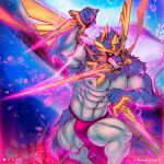  1:1 2019 abs absurd_res alternate_version_at_source anthro anthrofied areola arm_tuft armpit_hair biped body_hair bulge canid canine clothed clothing crotch_tuft crowned_sword_zacian detailed_background elbow_tufts front_view hi_res legendary_pok&eacute;mon looking_at_viewer male mammal mane melee_weapon muscular muscular_anthro muscular_male nintendo nipples object_in_mouth pecs pok&eacute;mon pok&eacute;mon_(species) pok&eacute;morph pose pubes revelion solo standing sword sword_in_mouth topless tuft video_games weapon zacian 