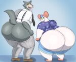  anthro beastars big_butt bubble_butt butt canid canine canis clothed clothing cricetid duo footwear fur grey_body grey_fur hamster hi_res huge_butt legoshi_(beastars) male mammal megacoolbear_(artist) mind_control notus_(character) obese open_mouth overweight overweight_anthro overweight_male pants_down partially_clothed ringed_eyes rodent shirt shoes tongue tongue_out topwear white_body wolf 