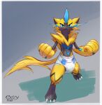  2021 absurd_res ambiguous_gender anthro blush claws clenched_fists diaper digitigrade extry fist hi_res legendary_pok&eacute;mon nintendo pok&eacute;mon pok&eacute;mon_(species) solo standing video_games watermark zeraora 