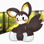  1:1 ambiguous_gender big_eyes black_body black_fur black_sclera black_tail blush blush_stickers covering covering_self cute_expression detailed_background emolga feral forest forest_background front_view fur hi_res lemonlime looking_at_viewer male_(lore) multicolored_body multicolored_fur nature nature_background nervous nintendo nude plant pok&eacute;mon pok&eacute;mon_(species) simple_background sitting solo tree two_tone_body two_tone_fur video_games white_background white_body white_eyes white_fur yellow_cheeks yellow_inner_ear 