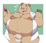  2021 anthro belly blush bulge clothed clothing hi_res humanoid_hands inigo_(kusosensei) kemono kusosensei male mammal moobs navel nipples obese obese_male open_clothing open_shirt open_topwear overweight overweight_male sex_toy shirt solo topwear underwear ursid 